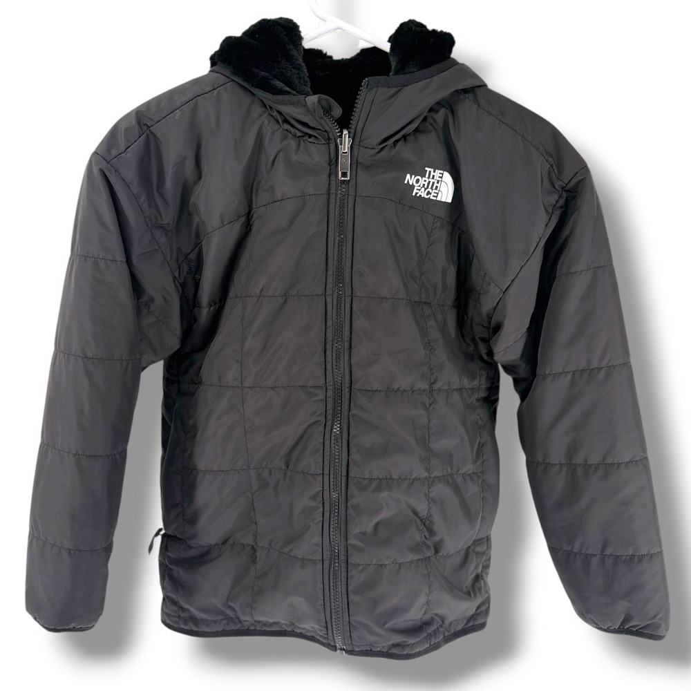 North Face Girls Reversible Shasta Short Parka Black Faux Fur Size S 7/8 Hooded